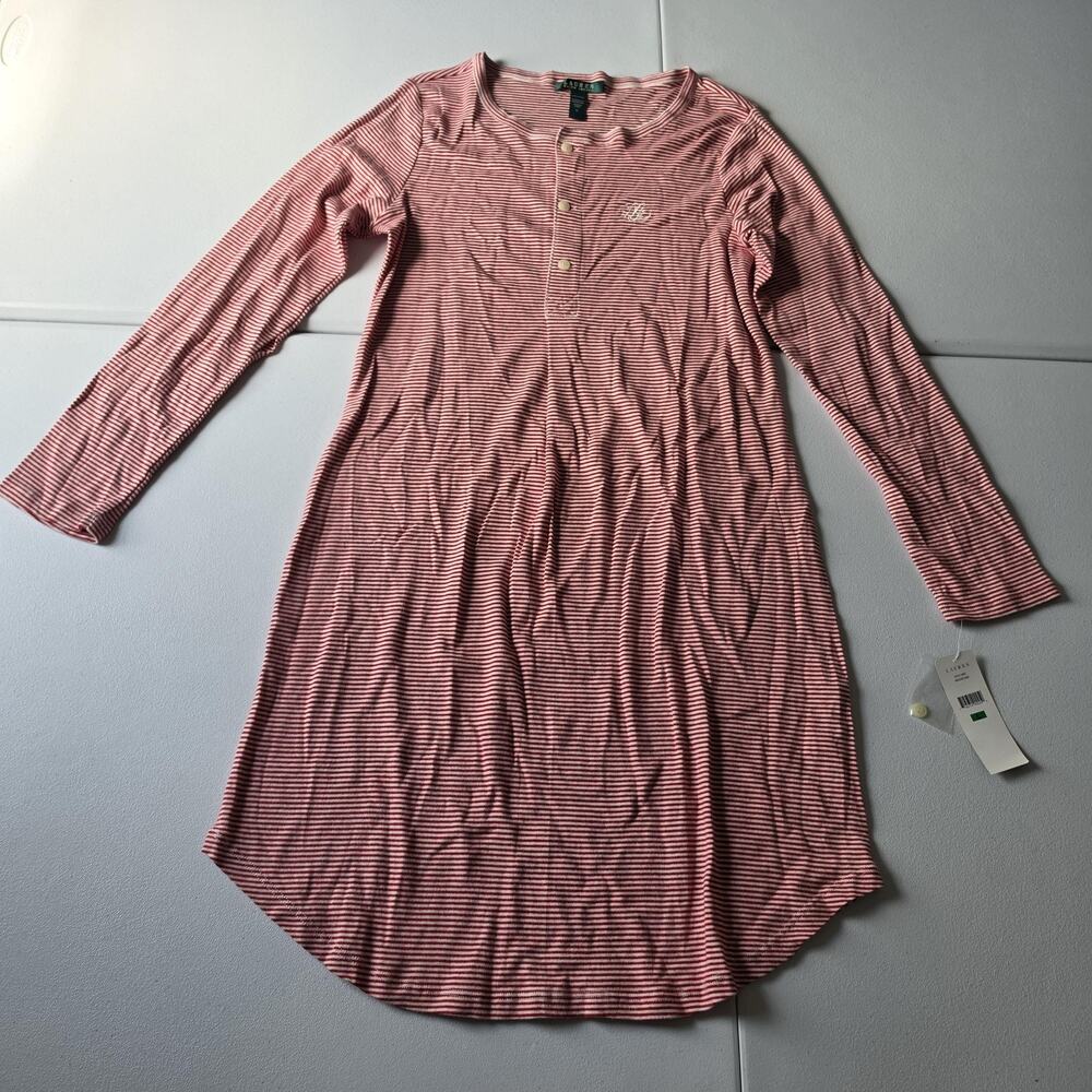 Lauren Ralph Lauren Sleep Shirt Womens Large Red Striped Cotton Logo Long Sleeve
